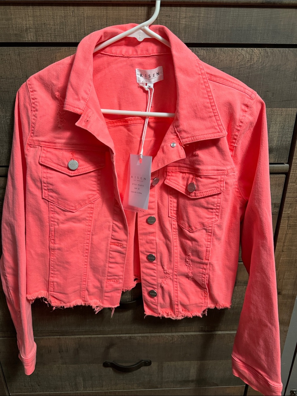 RISEN Coral Distressed Cropped Denim Jacket Size M NWT